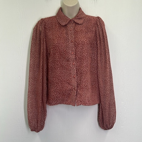 Lulus - Positive Influences Blush Pink Dotted Collared Button Up Blouse Size XS - Picture 3 of 13